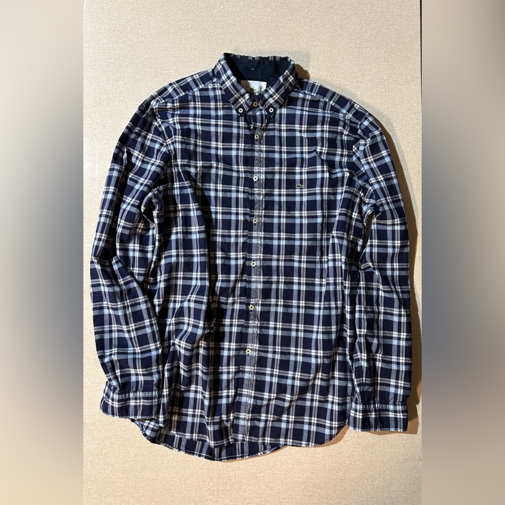 Lacoste Navy and White Plaid Button-Down Dress Shirt